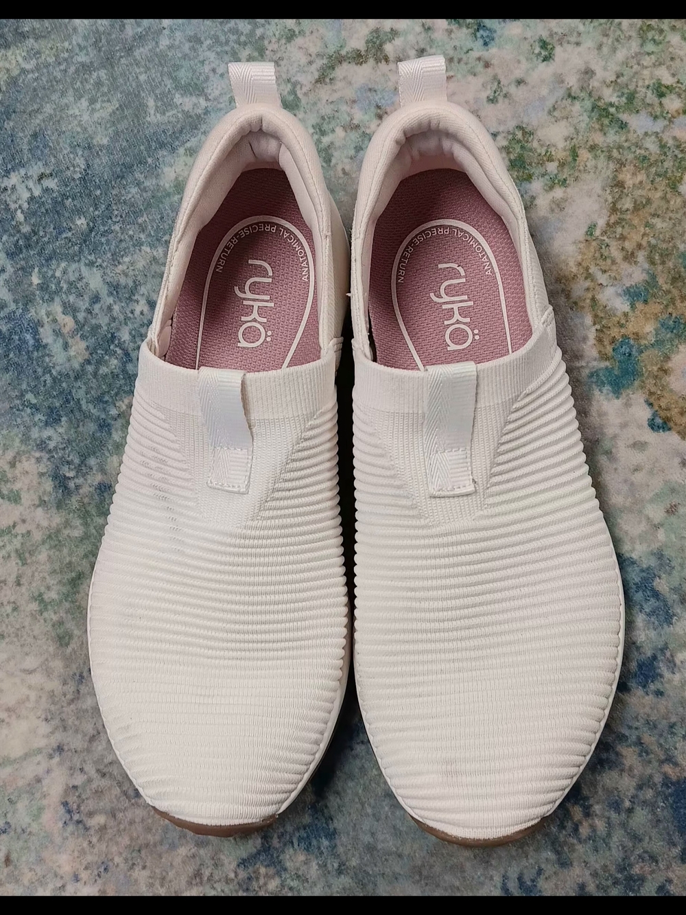Ryka White Slip-On Knit Sneakers with Pink Insole